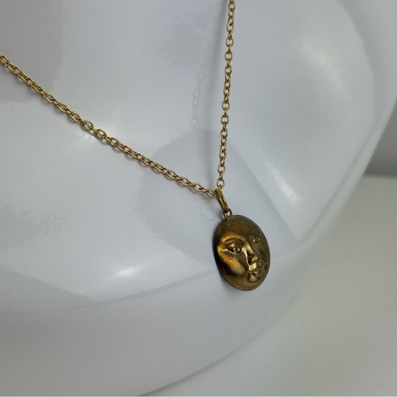 "Antique" Faux Gold Moon Face Charm Pendant Necklace Celestial Boho Witchy Goth! - Picture 7 of 16